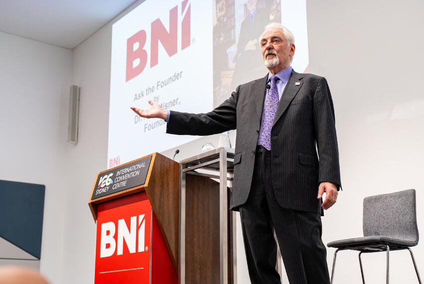 Dr. Ivan Misner presenting at a Global Conference, reflecting on BNI&rsquo;s history 