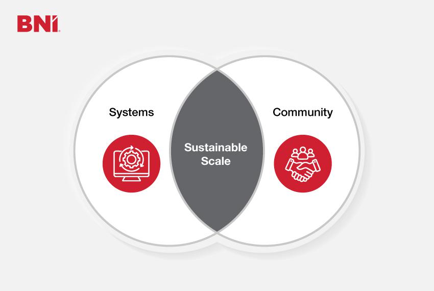 Venn diagram showing connection between systems and community that leads to sustainable scaling
